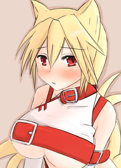 shiki (artist), shiki (no-reply), beige background, 1girl, animal ears, belt, blonde hair, blush, breasts, buckle, collar, female focus, large breasts, red eyes, short hair, simple background, solo, upper body