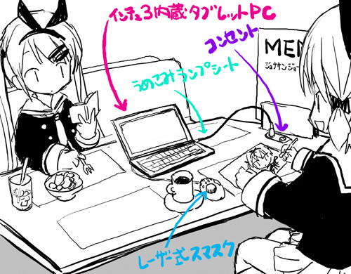kiira, original, lowres, 2girls, computer, computer keyboard, monochrome, multiple girls