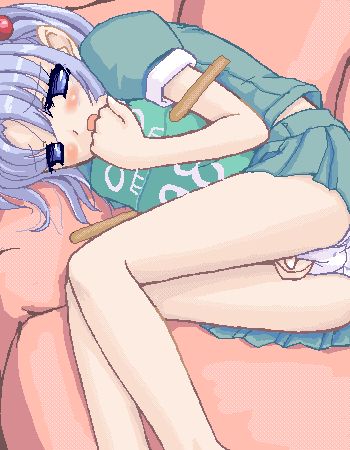 takayaki, 98se-tan, futaba channel, os-tan, clothes, lowres, blue eyes, blush, female masturbation, legs, loli, lying, masturbation, masturbation through clothes, most body, oekaki, on side, panties, purple hair, solo, underwear