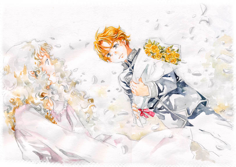 evangeline mittermeyer, wolfgang mittermeyer, ginga eiyuu densetsu, uniform, painting (medium), traditional media, watercolor (medium), 1boy, 1girl, bouquet, couple, flower, hetero, orange hair, rose, short hair, white hair, yellow flower, yellow rose