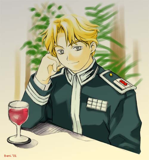 wolfgang mittermeyer, ginga eiyuu densetsu, 1boy, aged down, alcohol, blonde hair, glass, grey eyes, hand on own face, leaf, male focus, military, military uniform, smile, solo, wine