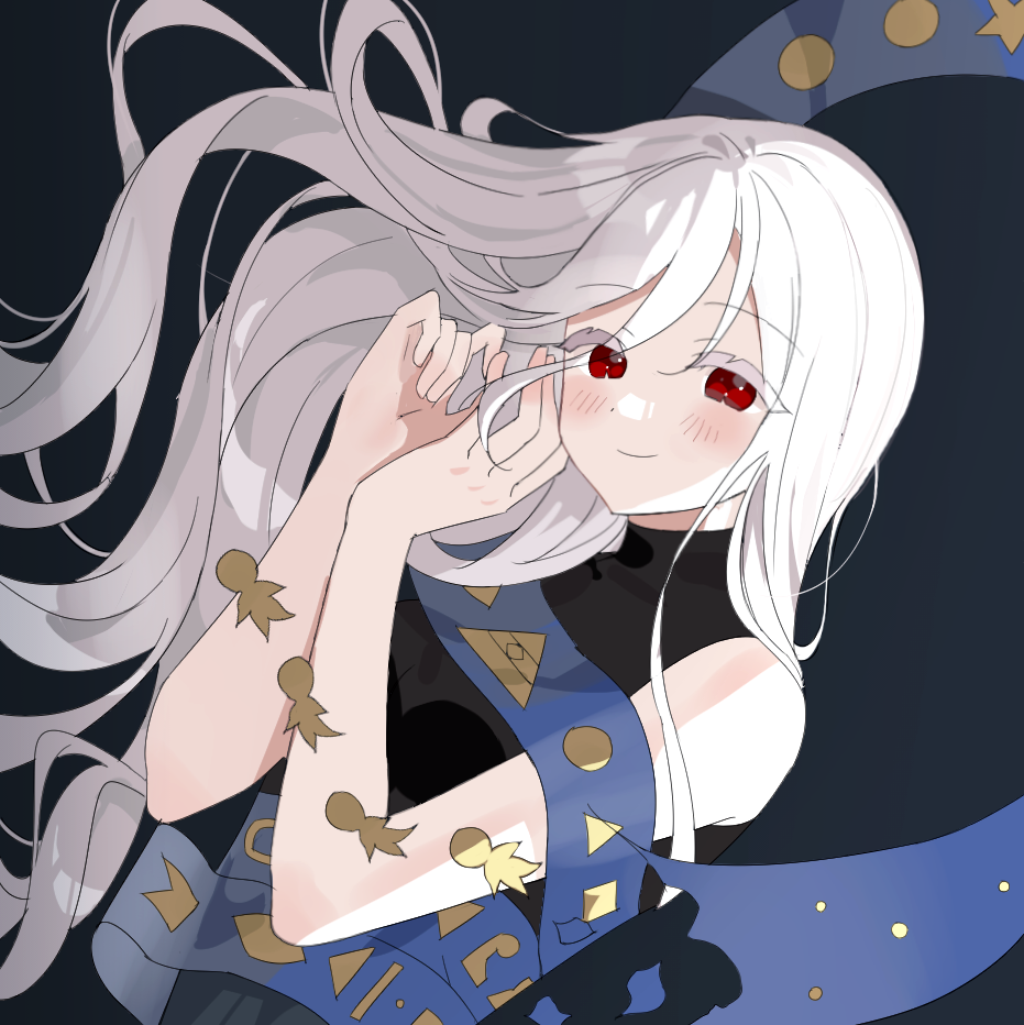 chimi (s2yuyukos2), yuiman asama, touhou, commentary, 1girl, black dress, blush, closed mouth, dress, grey hair, hair between eyes, long hair, looking at viewer, lying, on side, red eyes, ribbon around body, sleeveless, sleeveless dress, smile, solo, turtleneck, turtleneck dress, very long hair