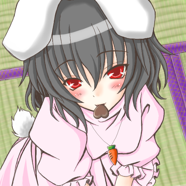 inaba tewi, touhou, 1girl, animal ears, black hair, blush, candy, carrot, chocolate, chocolate heart, female focus, food, heart, looking at viewer, mouth hold, rabbit ears, rabbit girl, rabbit tail, red eyes, short hair, solo, tail, tatami