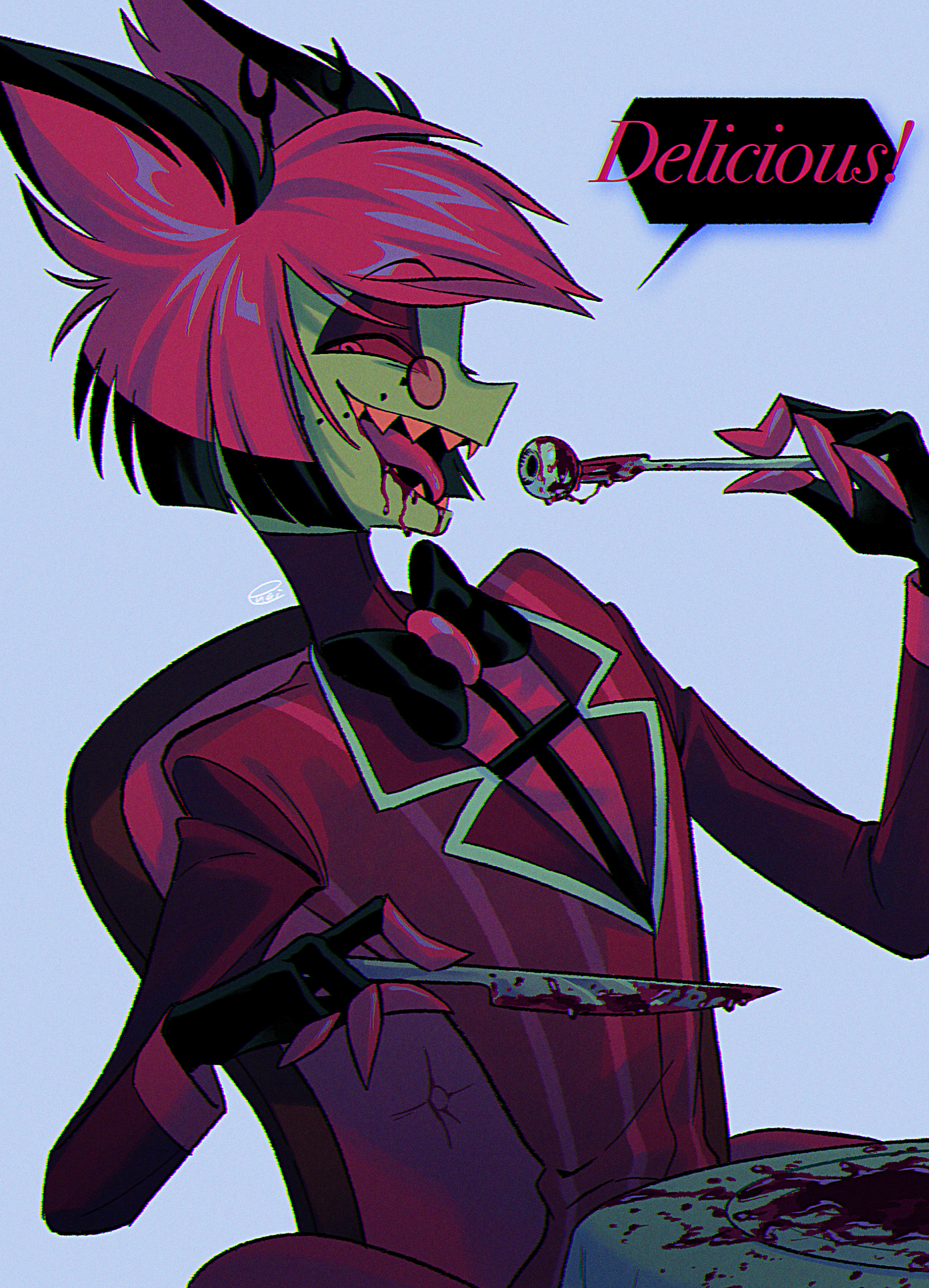 menma (enaic31), alastor (hazbin hotel), hazbin hotel, hellaverse, commentary request, highres, 1boy, :d, antlers, black bow, black bowtie, black hair, blood, blood from mouth, bloody knife, blue background, bob cut, bow, bowtie, chair, chromatic aberration, coat, colored sclera, colored skin, colored teeth, colored tips, deer antlers, eating, english text, eyeball, eyeshadow, fewer digits, film grain, fork, from side, grey skin, hair horns, half-closed eyes, holding, holding fork, holding knife, horns, inverted bob, knife, long sleeves, looking at viewer, makeup, monocle, multicolored hair, on chair, open mouth, pinstripe coat, plate, profile, red brooch, red coat, red eyes, red eyeshadow, red hair, red sclera, red shirt, sharp teeth, shirt, short hair, signature, simple background, smile, speech bubble, swept bangs, table, teeth, tongue, traditional bowtie, upper body, yellow teeth