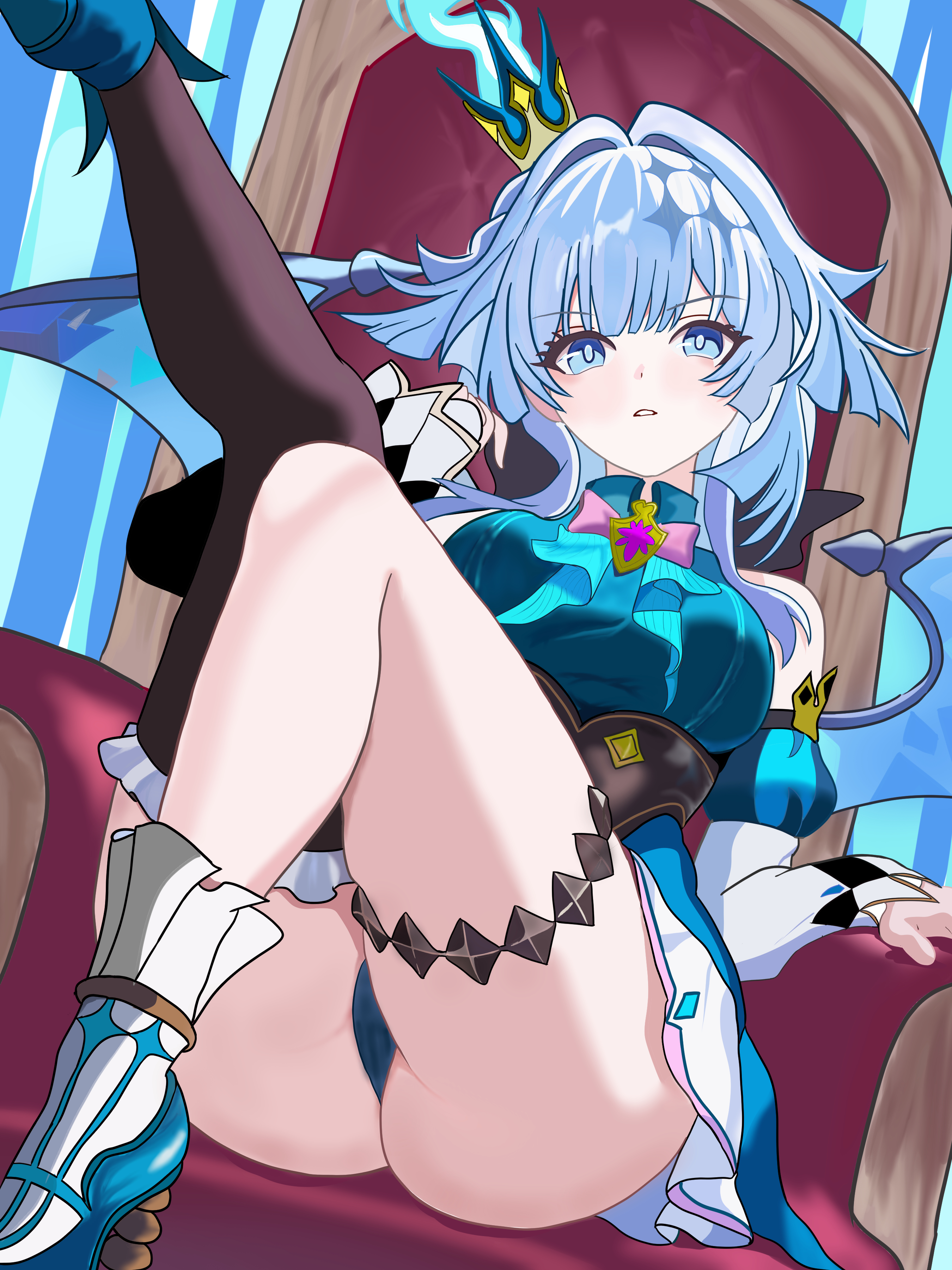 aquamarine725, cerydra (honkai: star rail), honkai: star rail, honkai (series), absurdres, commentary request, highres, 1girl, black thighhighs, blue dress, blue eyes, blue hair, blue panties, blue shoes, breasts, cameltoe, crown, dress, hair intakes, large breasts, legs up, looking at viewer, panties, parted lips, shoes, short hair, single thighhigh, sitting on throne, solo, thighhighs, thighs, underwear, wings