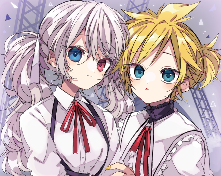 kaho 0102, 25-ji miku, hatsune miku, kagamine len, vocaloid, commentary request, 1boy, 1girl, blonde hair, blue eyes, blush, closed mouth, collared shirt, frilled shirt collar, frills, grey background, grey hair, hair ribbon, heterochromia, light smile, long hair, long sleeves, looking at viewer, nail polish, neck ribbon, open mouth, red eyes, red ribbon, ribbon, shirt, short hair, twintails, upper body, white ribbon, white shirt, yellow nails