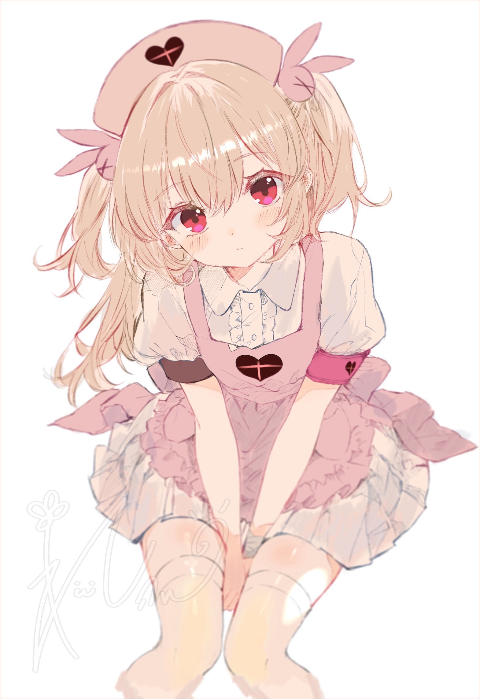 ichiya refi, natori sana, natori sana (nurse), sana channel, highres, 1girl, apron, armband, bandaged wrist, bandages, between legs, blurry, brown hair, buttons, center frills, collared dress, depth of field, dress, frills, hair ornament, hand between legs, hat, heart, heart print, long hair, looking at viewer, nurse, nurse cap, pink apron, pink armband, pink eyes, pink hat, puffy short sleeves, puffy sleeves, rabbit hair ornament, short sleeves, simple background, solo, two side up, white background, white dress