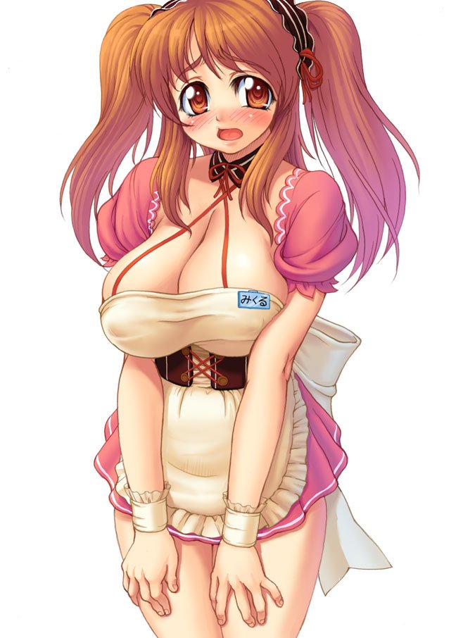 kasanui, asahina mikuru, suzumiya haruhi no yuuutsu, 00s, 1girl, blush, breasts, cleavage, corset, cowboy shot, female focus, huge breasts, official alternate hairstyle, simple background, solo, standing, waitress, white background