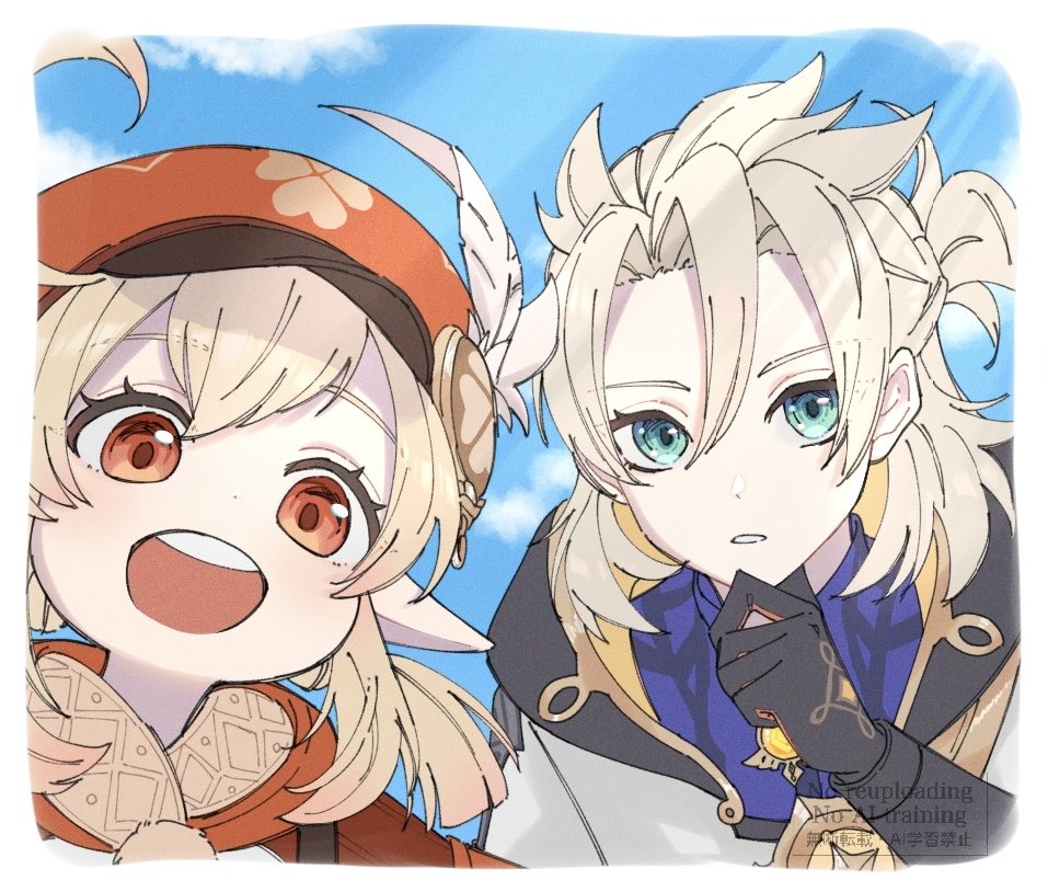 yoneya (ocome otabe), albedo (genshin impact), klee (genshin impact), genshin impact, 1boy, 1girl, ahoge, aqua eyes, black gloves, blonde hair, blue shirt, blue sky, cloud, coat, day, gloves, hair between eyes, hat, hat feather, hood, long hair, looking at viewer, low twintails, newsboy cap, open mouth, parted lips, pointy ears, red eyes, scar, scar on neck, shirt, sidelocks, sky, smile, teeth, twintails, upper body, upper teeth only