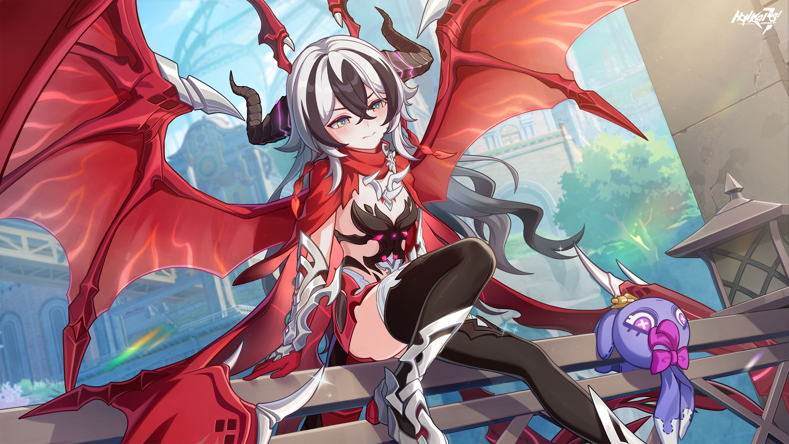 coralie 6626 planck (behold! fate-defying dragon), honkai (series), honkai impact 3rd, game cg, highres, official art, 1girl, armor, bikini armor, black scales, blurry, blurry background, copyright name, depth of field, dragon girl, dragon tail, dragon wings, dutch angle, gauntlets, light blush, long hair, multicolored hair, shoes, sitting, stuffed toy, tail, thighhighs, wings