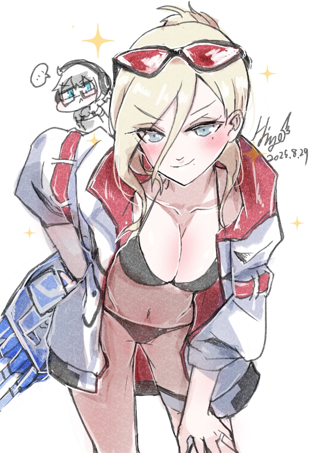 hi ye, richelieu (kancolle), richelieu deux (kancolle), supply depot princess, kantai collection, 2girls, absurdly long hair, abyssal ship, bikini, black-framed eyewear, black bikini, blonde hair, blue eyes, braid, breasts, colored skin, eyewear on head, glasses, hair between eyes, hair scarf, headphones, jacket, long hair, long sleeves, medium breasts, multiple girls, navel, richelieu deux (swimsuit) (kancolle), single braid, sunglasses, swimsuit, very long hair, white hair, white jacket, white skin