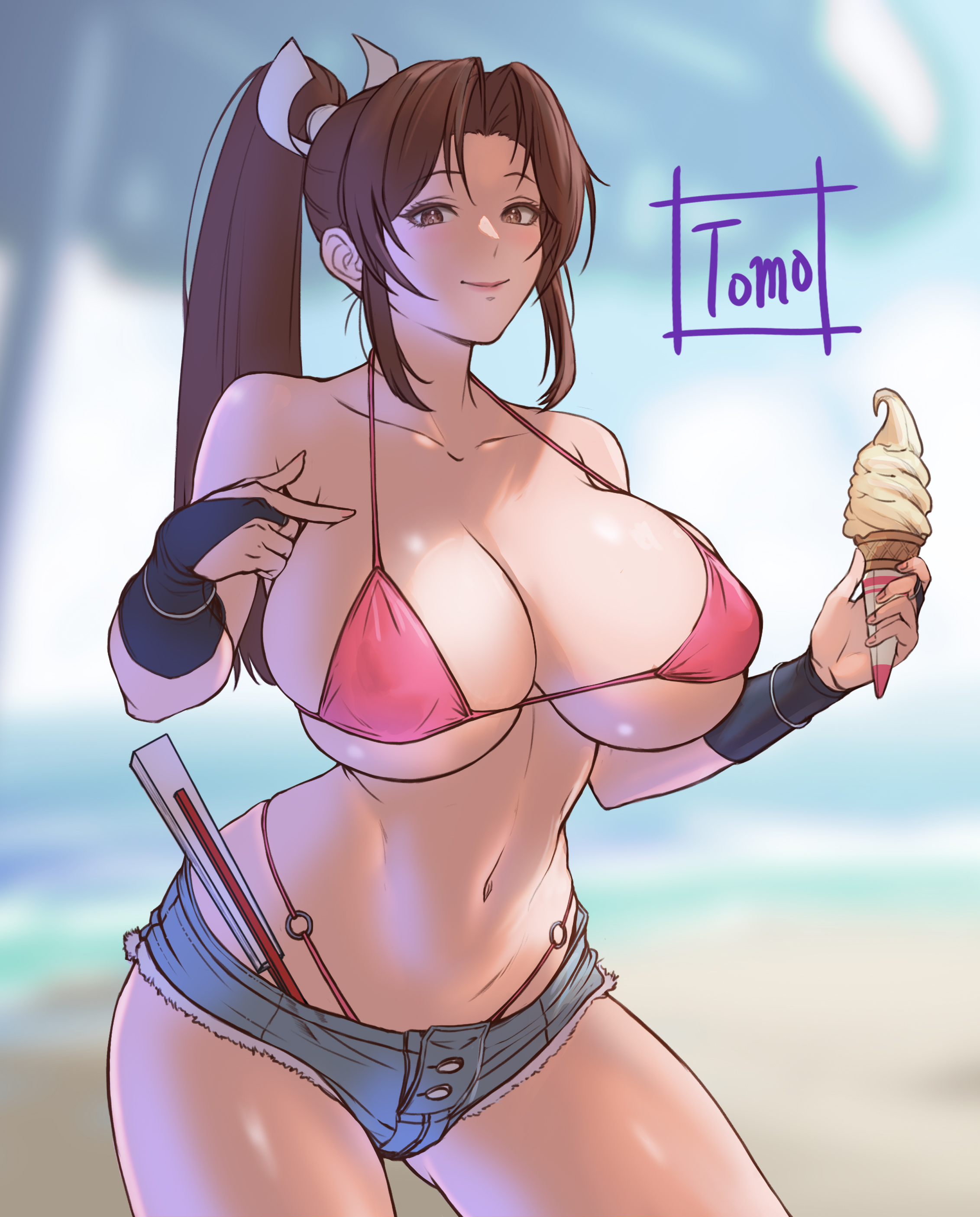 tomo eokaiteru, shiranui mai, fatal fury, street fighter, street fighter 6, absurdres, commentary request, highres, 1girl, alternate costume, bare shoulders, beach, bikini, blue shorts, blue sky, blurry, blurry background, breasts, brown eyes, brown hair, cleavage, closed mouth, cloud, cloudy sky, collarbone, cowboy shot, denim, denim shorts, folded fan, folding fan, frayed shorts, halterneck, hand fan, high ponytail, highleg, highleg bikini, holding, holding ice cream cone, ice cream cone, large breasts, long hair, looking at viewer, motoyui, navel, o-ring, o-ring bikini, o-ring bottom, ocean, parted bangs, pink bikini, ponytail, sand, short shorts, shorts, sky, smile, solo, stomach, string bikini, swimsuit, underboob