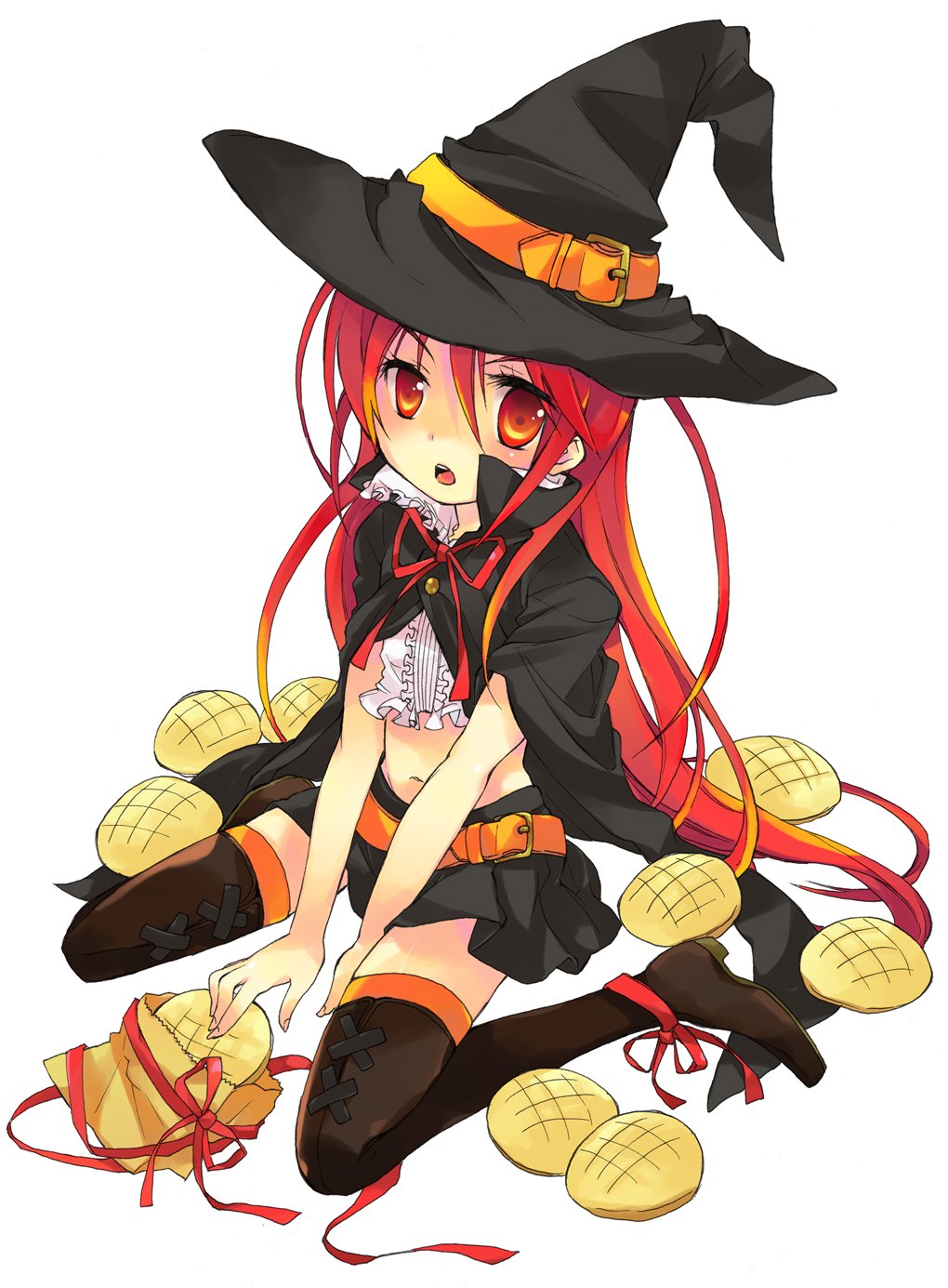 tachitsu teto, shana, shakugan no shana, highres, 00s, 1girl, alternate costume, boots, bread, cape, crop top, female focus, food, halloween, hat, long hair, melon bread, midriff, navel, red eyes, red hair, simple background, sitting, solo, thigh boots, thighhighs, wariza, witch hat, zettai ryouiki