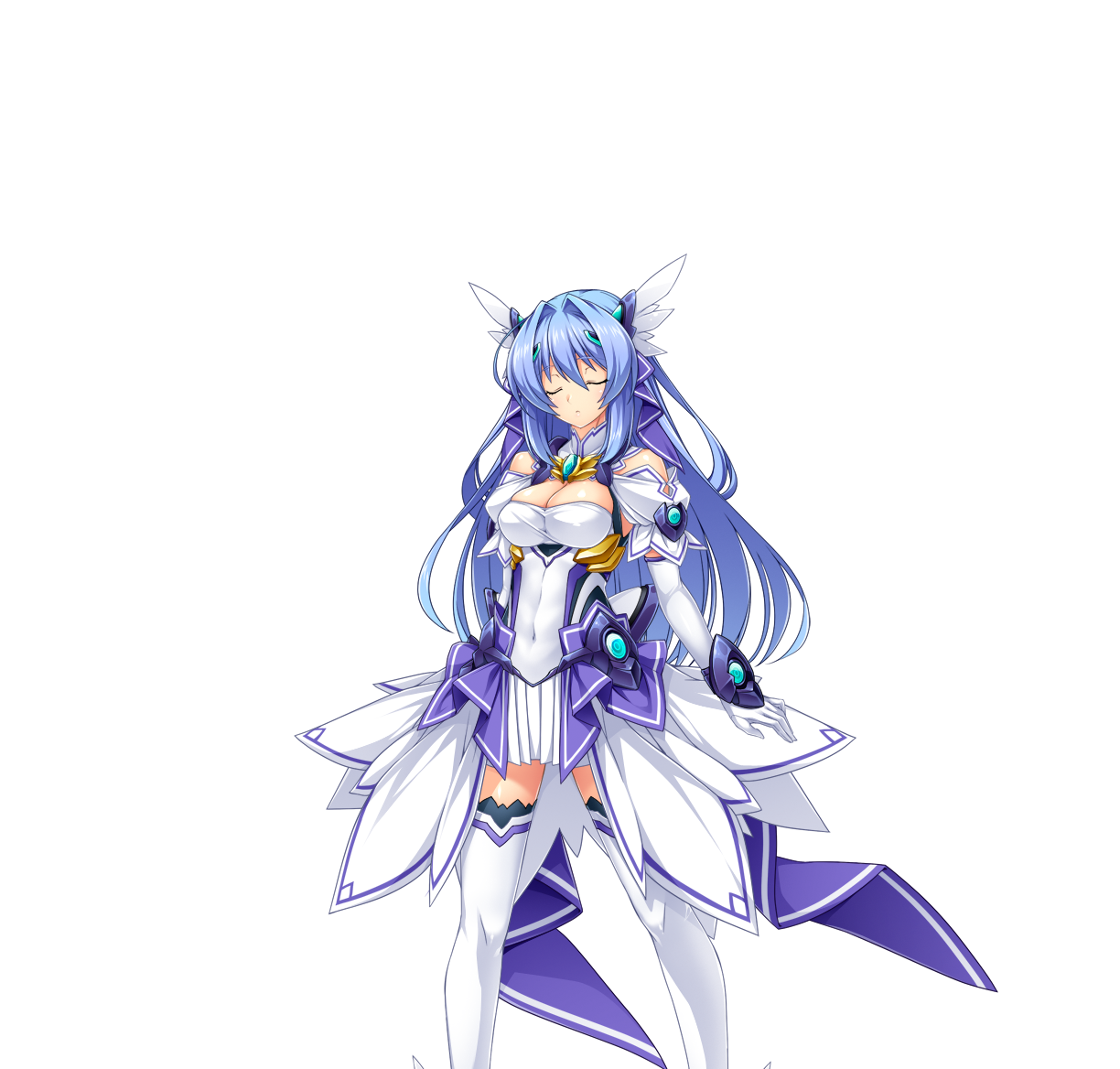 inoino, katsuragi marina, kouyoku senki exs-tia, game cg, large variant set, non-web source, official art, variant set, 1girl, blue hair, breasts, celestia (exs-tia), chest jewel, cleavage, closed eyes, covered navel, dress, elbow gloves, gloves, hair ornament, head wings, large breasts, long hair, solo, standing, thighhighs, transparent background, white dress, white gloves, white thighhighs, wings, zettai ryouiki