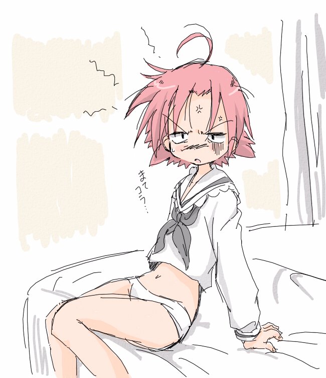 core (mayomayo), kogami akira, lucky star, bad id, bad pixiv id, 00s, 1girl, ahoge, angry, bed, blush, female focus, no legwear, panties, solo, underwear