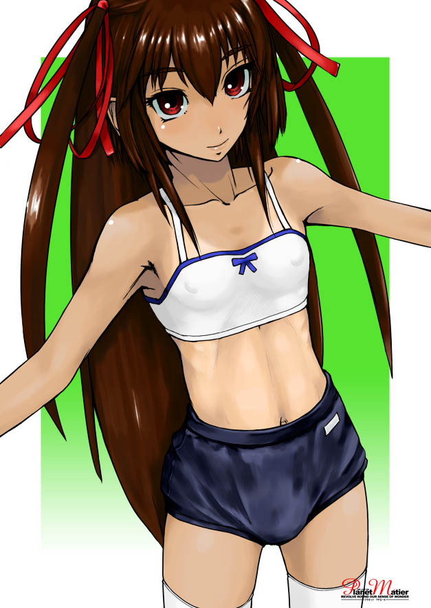 yamamoto canponi, original, framed, 1boy, armpits, bow, bra, brown hair, bulge, buruma, closed mouth, collarbone, covered erect nipples, crossdressing, crossdressing (mtf), flat chest, green background, lingerie, long hair, looking at viewer, midriff, navel, neck, one-piece tan, outside border, outstretched arms, red eyes, ribbon, ribs, skinny, smile, solo, sports bra, spread arms, tan, tanline, thighhighs, trap, twintails, underwear, white thighhighs, zettai ryouiki