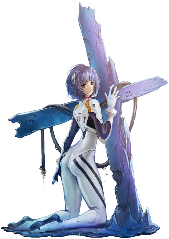 abokadon, ayanami rei, neon genesis evangelion, 1girl, ass, blue hair, cable, cross, female focus, interface headset (evangelion), looking back, mecha pilot suit, plugsuit (evangelion), red eyes, short hair, solo