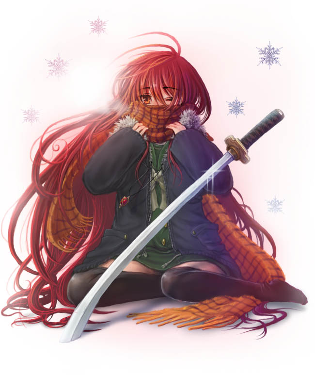 abokadon, alastor (shakugan no shana), shana, shakugan no shana, 00s, 1girl, female focus, jewelry, pendant, plaid clothes, plaid scarf, red hair, scarf, snow, solo, sword, weapon