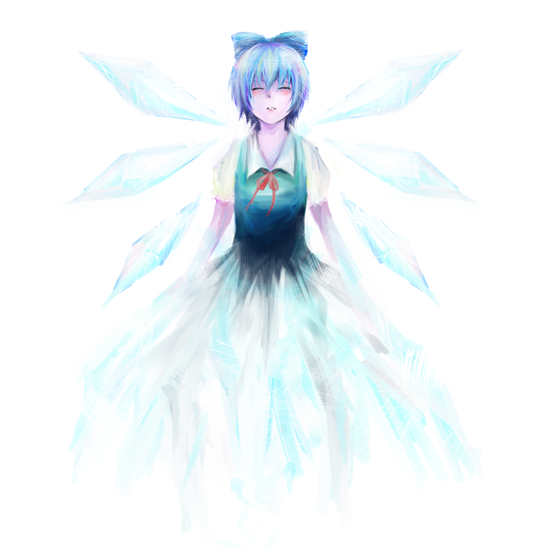 cirno, touhou, 1girl, blue hair, closed eyes, dress, female focus, short hair, simple background, solo, white background, wings
