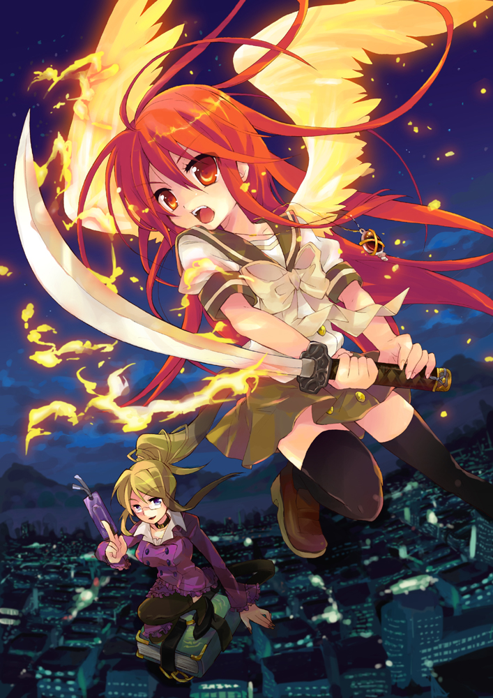 tachitsu teto, alastor (shakugan no shana), marchosias, margery daw, shana, shakugan no shana, black legwear, 00s, 2girls, cityscape, fiery wings, flying, jewelry, katana, multiple girls, night, pendant, red eyes, red hair, school uniform, serafuku, sword, thighhighs, weapon, wings, zettai ryouiki