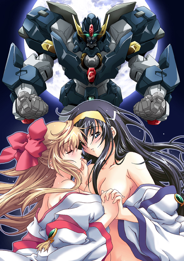 nagayori, himemiya chikane, kurusugawa himeko, kannazuki no miko, light brown hair, 00s, 2girls, bare shoulders, black hair, blue eyes, blush, bow, breasts, cleavage, clenched hands, closed eyes, couple, female focus, floating hair, full moon, glowing, glowing eyes, grabbing another's chin, hair between eyes, hair bow, hair over one eye, hair ribbon, hairband, half updo, hand on another's chin, hand on another's face, holding hands, imminent kiss, interlocked fingers, japanese clothes, large breasts, long hair, looking at another, mecha, miko, moon, multiple girls, night, night sky, nude, off shoulder, parted lips, profile, red bow, red ribbon, ribbon, robot, sky, undressing, yellow hairband, yuri