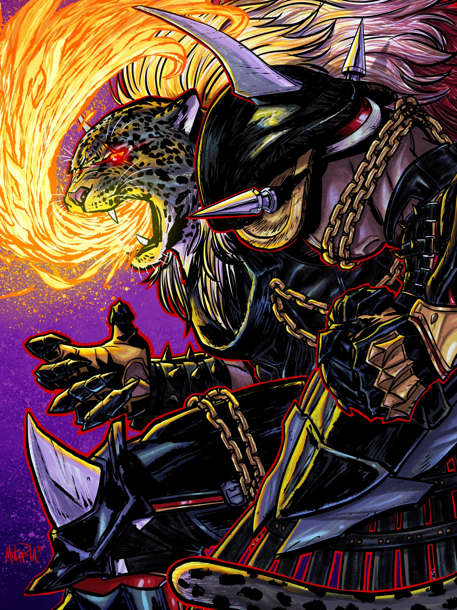 armor king, tekken, tekken 8, highres, 1boy, animal ears, animal head, armor, bloodysamoan, dark-skinned male, dark skin, gloves, jaguar, jaguar boy, jaguar ears, luchador, luchador mask, male focus, mask, muscular, muscular male, open mouth, pants, red eyes, scar, spiked pauldrons, spikes, wrestling outfit, wrestling ring