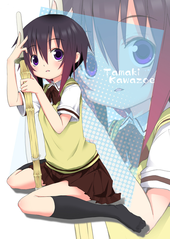 kishiri toworu, miyao ryuu, kawazoe tamaki, bamboo blade, 00s, 1girl, black socks, child, feet, female focus, kneehighs, purple eyes, purple hair, school uniform, serafuku, shinai, sitting, skirt, socks, solo, sword, thighhighs, wariza, weapon, zoom layer