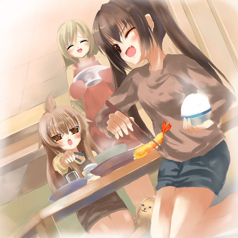 shino (eefy), minami chiaki, minami haruka, minami kana, minami-ke, 00s, 3girls, ahoge, bowl, brown eyes, brown hair, chopsticks, closed eyes, dutch angle, fang, food, kneeling, multiple girls, one eye closed, open mouth, rice, rice bowl, shrimp, shrimp tempura, tempura