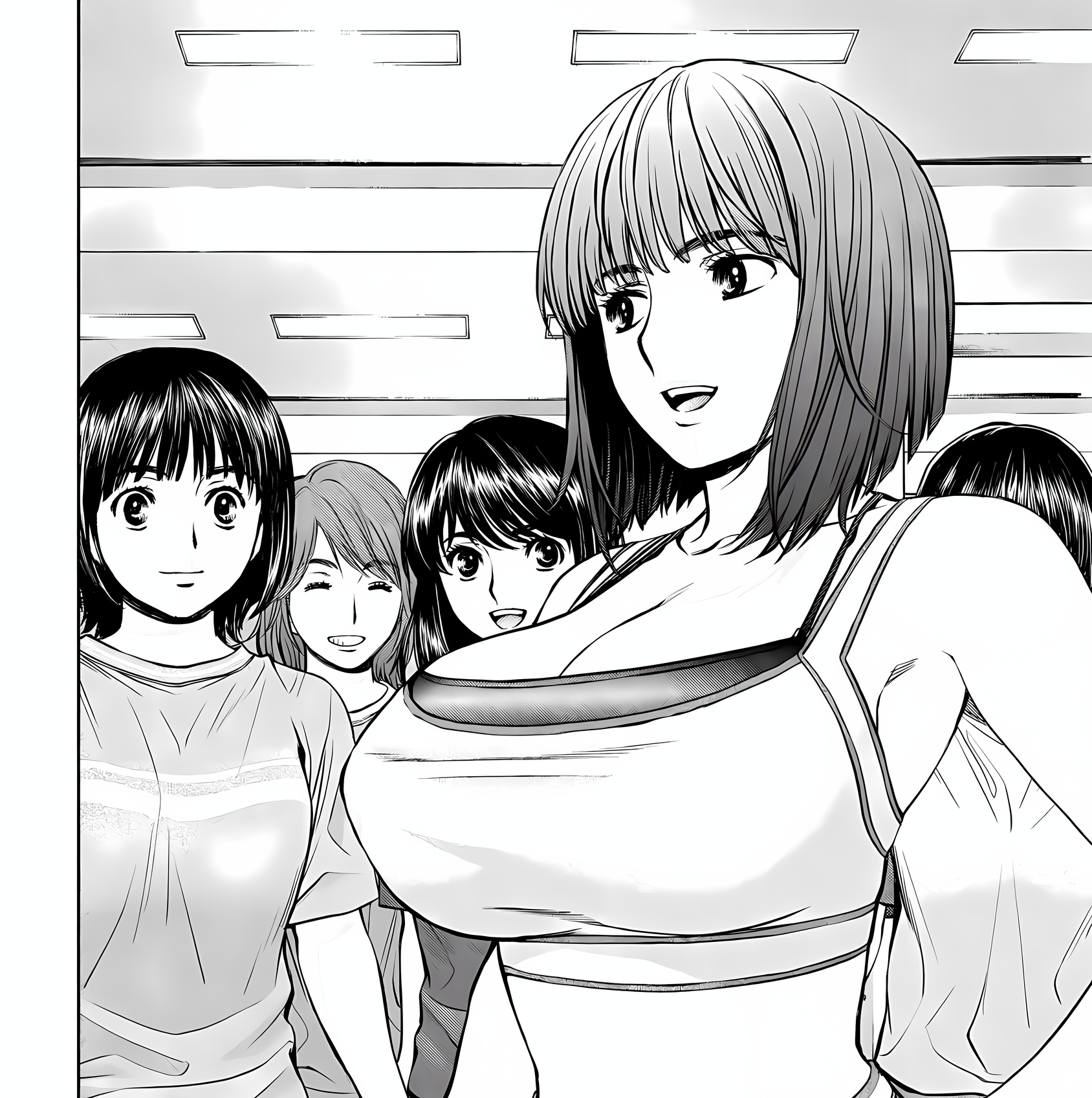 kobayashi hiyoko, miyoshi manami, hantsu x trash, highres, non-web source, official art, black eyes, black hair, blunt bangs, bob cut, breasts, cleavage, happy, indoors, large breasts, mature female, medium hair, multiple girls, open mouth, shirt, short hair, sports bra, t-shirt