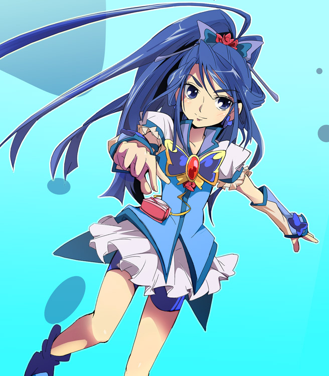 ixy, cure aqua, minazuki karen, precure, yes! precure 5, yes! precure 5 gogo!, 00s, 1girl, aqua background, blue shorts, blue theme, butterfly hair ornament, female focus, flower, hair ornament, magical girl, red flower, red rose, rose, shorts, shorts under skirt, solo, wide ponytail