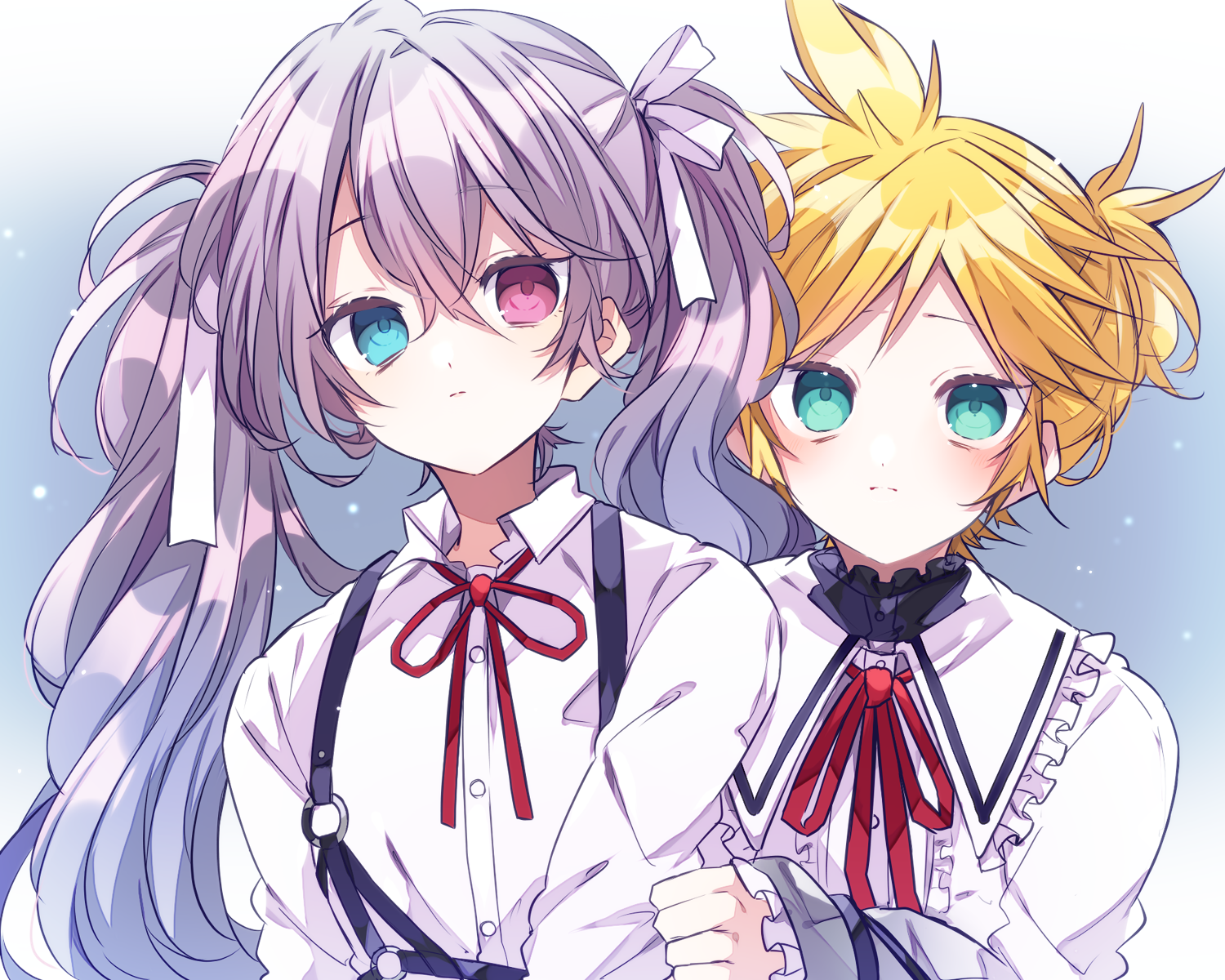 kaho 0102, 25-ji miku, hatsune miku, kagamine len, vocaloid, commentary request, highres, 1boy, 1girl, blonde hair, blue background, blue eyes, blush, buttons, closed mouth, collared shirt, frilled shirt collar, frilled sleeves, frills, grabbing another's arm, green eyes, hair ribbon, headset, heterochromia, long hair, long sleeves, looking at viewer, neck ribbon, pink eyes, purple hair, red ribbon, ribbon, shirt, short hair, suspenders, twintails, upper body, white ribbon, white shirt