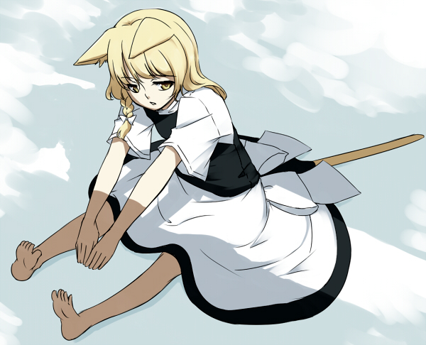 sakuraba yuuki, kirisame marisa, touhou, 1girl, animal ears, barefoot, cat ears, cat girl, cat tail, dress, feet, female focus, full body, solo, tail