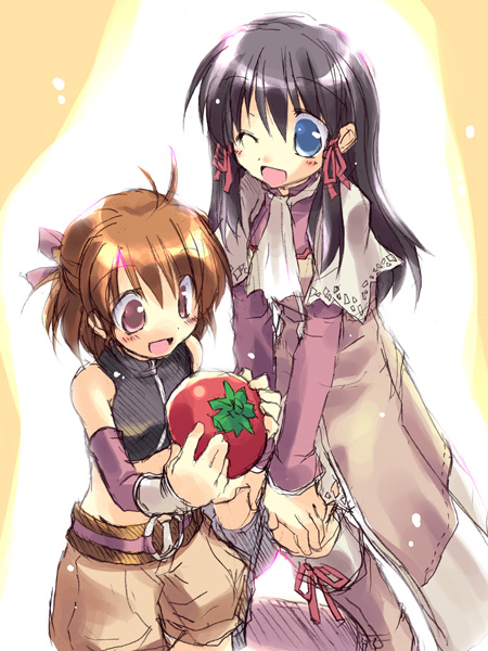 satou kibi, aria (rune factory), mana (rune factory), rune factory, rune factory 2, 2girls, age difference, black hair, blue eyes, brown eyes, brown hair, food, long hair, mother and daughter, multiple girls, ribbon, short hair, tomato