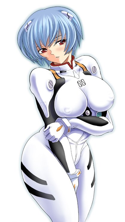 kawaraya a-ta, ayanami rei, neon genesis evangelion, alternate breast size, 1girl, blue hair, blush, breasts, covered erect nipples, curvy, female focus, interface headset (evangelion), large breasts, mecha pilot suit, plugsuit (evangelion), red eyes, short hair, solo