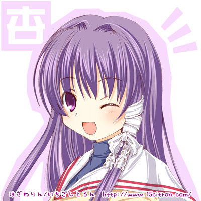 15citron, fujibayashi kyou, clannad, eyebrows, lowres, 00s, 1girl, blush, female focus, hair intakes, hair ribbon, long hair, looking at viewer, one eye closed, open mouth, purple eyes, purple hair, ribbon, sailor collar, school uniform, serafuku, simple background, smile, solo, upper body, watermark, white background, white ribbon, wink