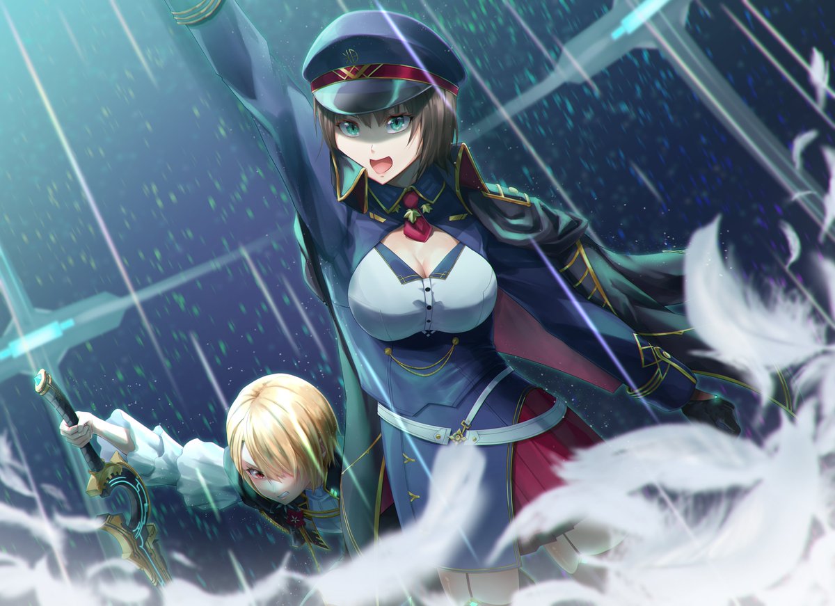narumi sage, aoi erika, kayamori ruka, heaven burns red, 2girls, black hair, blonde hair, breast cutout, breasts, conductor, green eyes, hair ornament, hair over one eye, hairclip, hand up, holding, holding sword, holding weapon, large breasts, long sleeves, multiple girls, pleated skirt, red eyes, red skirt, shirt, short hair, skirt, sword, weapon, white shirt