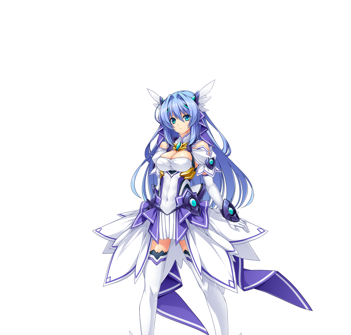 inoino, katsuragi marina, kouyoku senki exs-tia, game cg, large variant set, non-web source, official art, variant set, 1girl, aqua eyes, blue eyes, blue hair, breasts, celestia (exs-tia), chest jewel, cleavage, covered navel, dress, elbow gloves, gloves, hair ornament, head wings, large breasts, long hair, looking at viewer, skirt, solo, standing, thighhighs, transparent background, white dress, white gloves, white thighhighs, wings, zettai ryouiki
