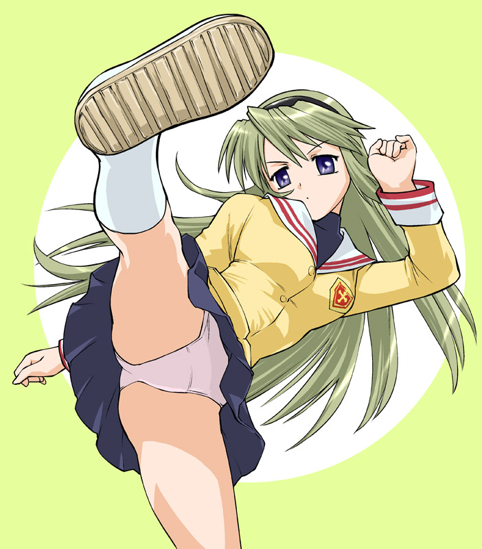 ueyama michirou, sakagami tomoyo, clannad, white legwear, 00s, high kick, kicking, panties, school uniform, serafuku, skirt, solo, spread legs, underwear
