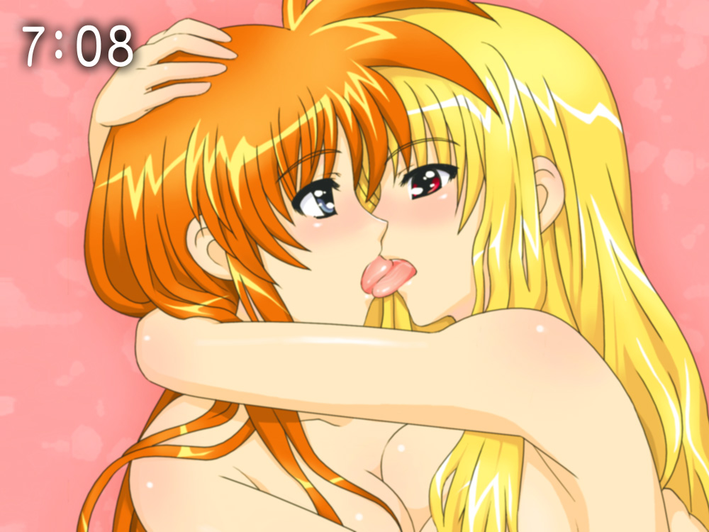shirogane kihen, fate testarossa, takamachi nanoha, lyrical nanoha, mahou shoujo lyrical nanoha, mahou shoujo lyrical nanoha strikers, 00s, 2girls, blonde hair, clock, female focus, french kiss, kiss, multiple girls, nude, tongue, yuri
