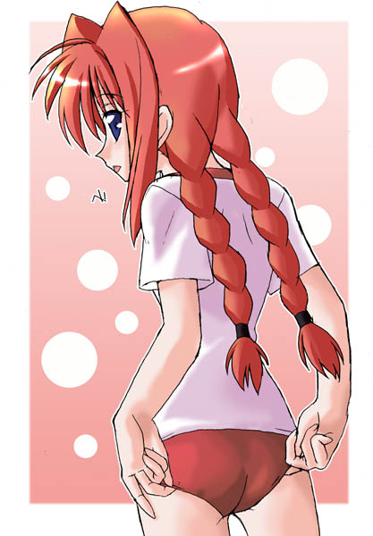 vita (nanoha), lyrical nanoha, mahou shoujo lyrical nanoha, mahou shoujo lyrical nanoha a's, 00s, 1girl, braid, buruma, female focus, gym uniform, red hair, shirt, solo, t-shirt, twin braids