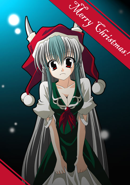 tatamiya, ex-keine, kamishirasawa keine, touhou, 1girl, breasts, christmas, female focus, gradient background, hat, santa hat, solo