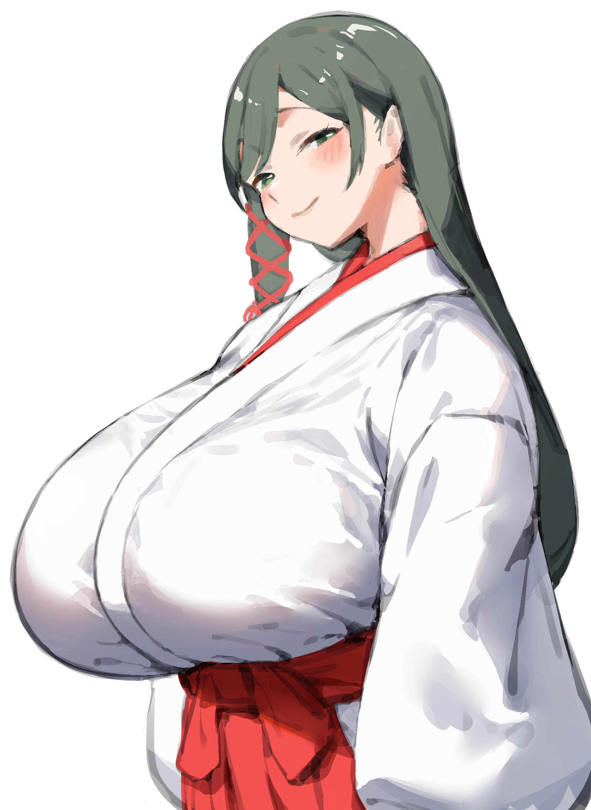 mimiru (mimiru6969), amagami yae, amagami-san chi no enmusubi, 1girl, black hair, blush, breasts, from side, green eyes, hair ornament, hakama, hakama skirt, huge breasts, japanese clothes, lips, long hair, miko, narrowed eyes, skirt, smile, solo, standing, white background