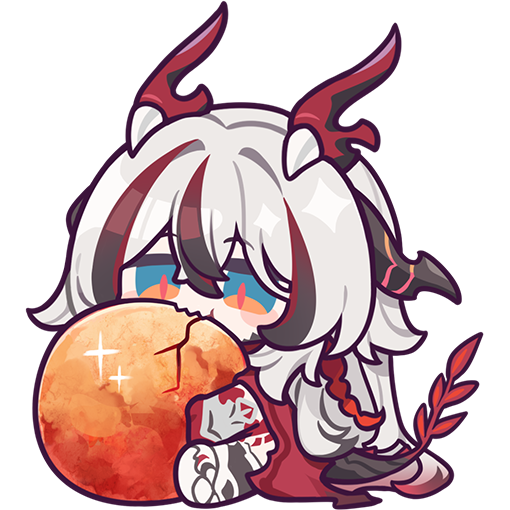 coralie 6626 planck (behold! fate-defying dragon), honkai (series), honkai impact 3rd, official art, 1girl, black scales, chibi, dragon girl, eating, gauntlets, hair between eyes, hair intakes, long hair, multicolored eyes, multicolored hair