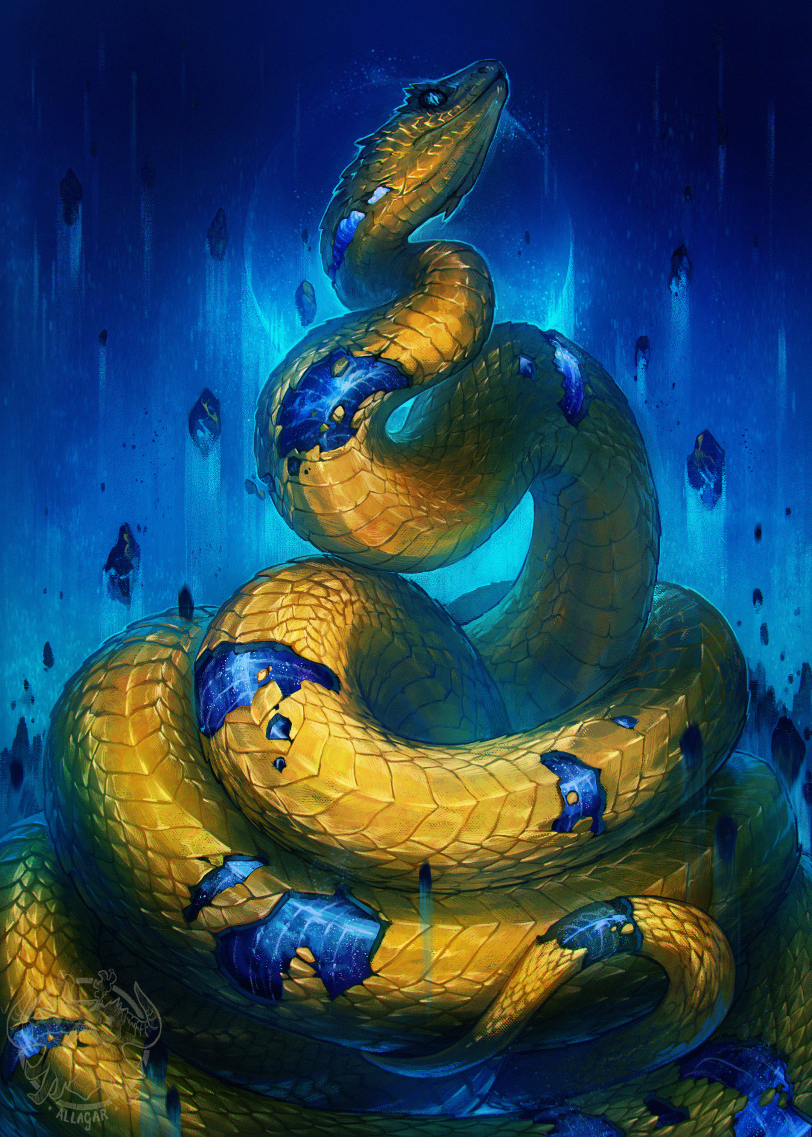 allagar, original, highres, animal focus, blue eyes, cracked skin, crystal shards, glowing, looking at viewer, no humans, shards, slit pupils, snake, solo, watermark