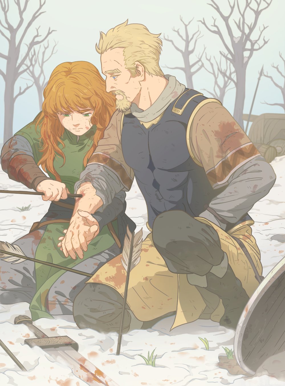 tiramkaram, askeladd, original, vinland saga, commentary, english commentary, highres, second-party source, 1boy, 1girl, arrow (projectile), beard, blonde hair, blood, blood on clothes, blue eyes, body armor, bracer, facial hair, green eyes, green shirt, grey shirt, holding, holding another's wrist, holding arrow, injury, long hair, mustache, oc x canon, on one knee, orange hair, outdoors, polearm, shield, shirt, short hair, snow, spear, sword, tree, weapon