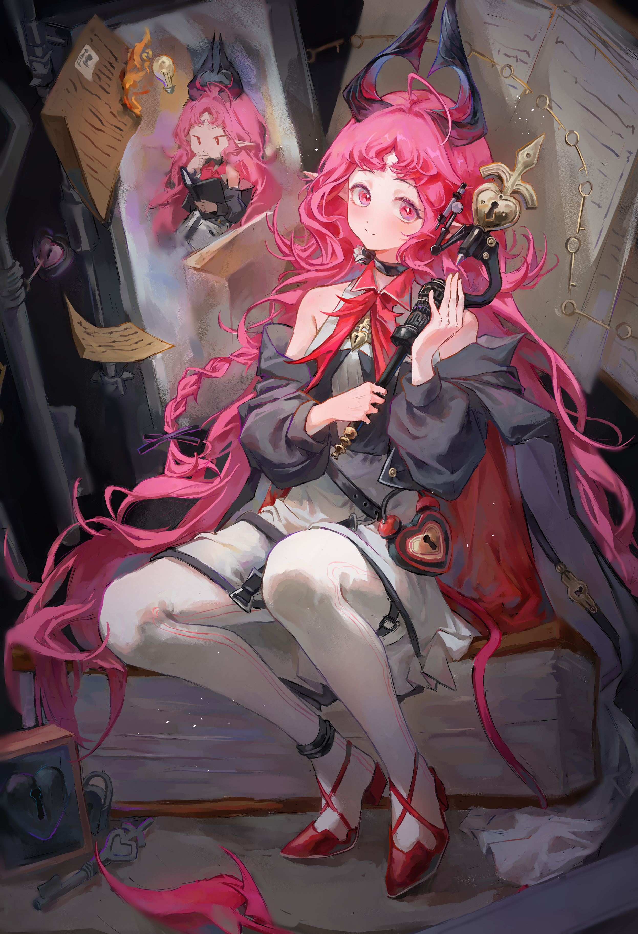 mumu millhayes, nymph (arknights), arknights, absurdres, commentary, highres, 1girl, bare shoulders, book, demon horns, fire, full body, horns, key, keyhole, light bulb, long hair, looking at viewer, pantyhose, paper, pink eyes, pink hair, pointy ears, red shoes, shoes, sitting, smile, solo, white pantyhose