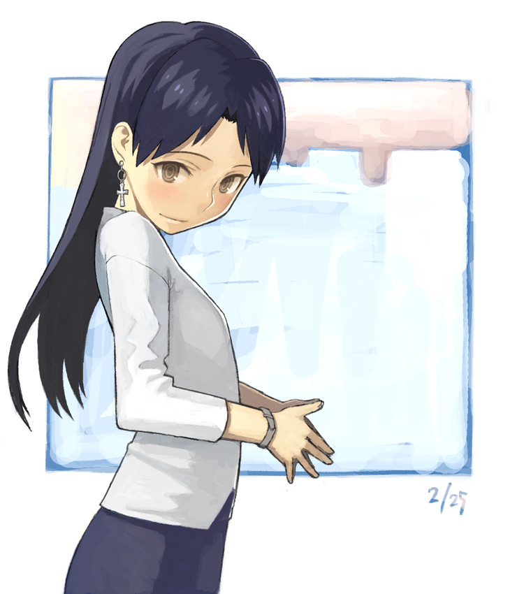 yu 65026, kisaragi chihaya, idolmaster, idolmaster (classic), idolmaster 1, 00s, 1girl, black hair, brown eyes, female focus, flat chest, long hair, looking down, skirt, smile, solo, steepled fingers, watch, wristwatch