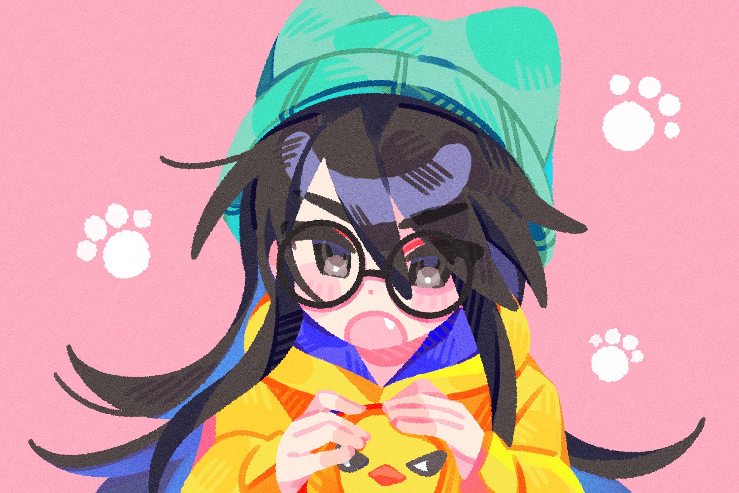 kkyu kyu, killjoy (valorant), valorant, :o, beanie, black-framed eyewear, black eyes, black hair, fang, glasses, green hat, hat, hood, hood down, hoodie, long hair, long sleeves, open mouth, paw print, pink background, print hoodie, round eyewear, swept bangs, upper body, yellow hoodie