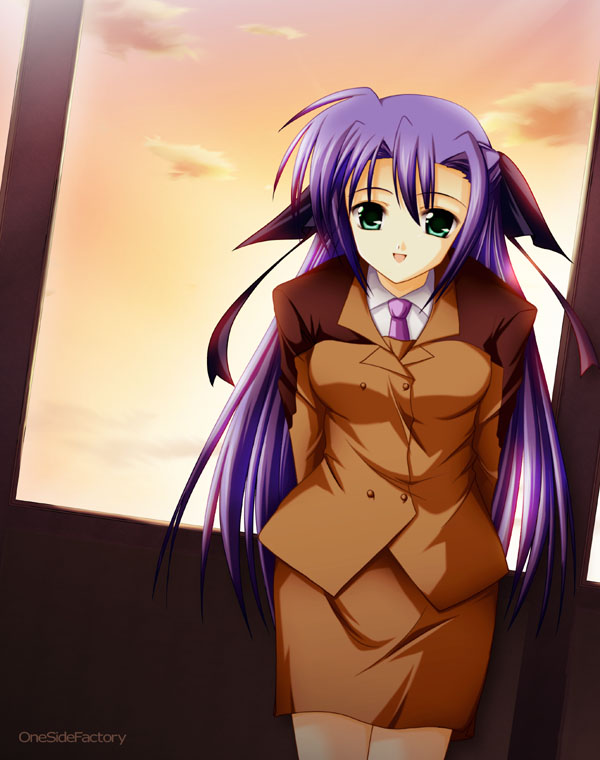 takase shin'ya, ginga nakajima, lyrical nanoha, mahou shoujo lyrical nanoha, mahou shoujo lyrical nanoha strikers, 00s, 1girl, female focus, green eyes, long hair, military, military uniform, necktie, no legwear, open mouth, pencil skirt, purple hair, skirt, smile, solo, sunset