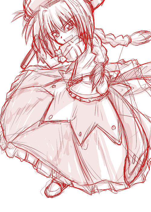 mitsurugi tsurugi, graf eisen, vita (nanoha), lyrical nanoha, mahou shoujo lyrical nanoha, mahou shoujo lyrical nanoha a's, >:d, 00s, 1girl, :d, boots, bow, braid, dress, female focus, frilled dress, frills, gloves, hat, holding, holding weapon, long hair, looking at viewer, monochrome, open mouth, puffy short sleeves, puffy sleeves, red theme, short sleeves, simple background, smile, solo, standing, tsurime, twin braids, v-shaped eyebrows, weapon, white background